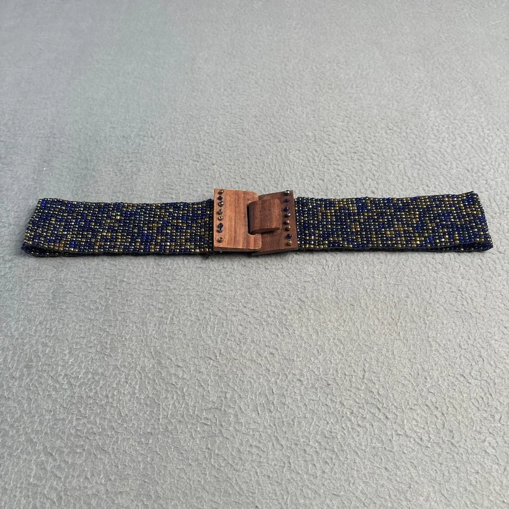 Handmade Indonesian Beaded Belt Navy Blue Gold Wood Buckle Boho Wide 29.5in